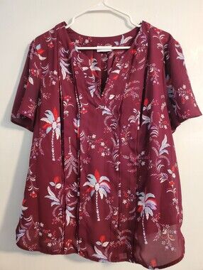 Liz Claiborne Burgundy Floral V-Neck Blouse